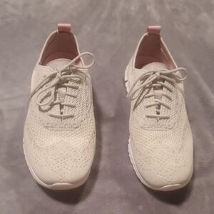 Cole Haan Light Gray Knit Lace-Up Zerogrand Sneakers with Pink Heel Tab
